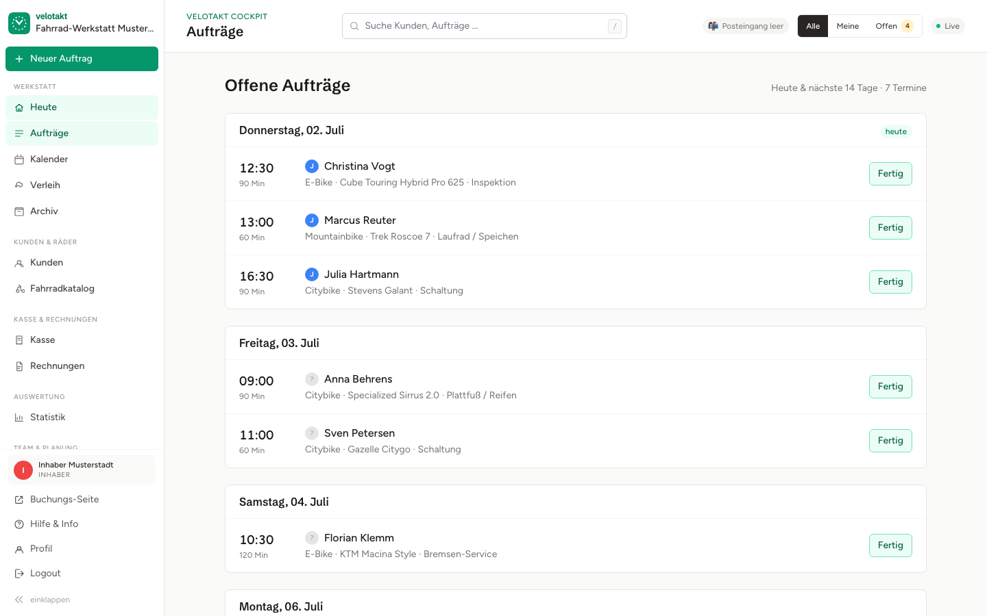 Digitales Auftrags-Board mit Status je Reparatur statt loser Zettel