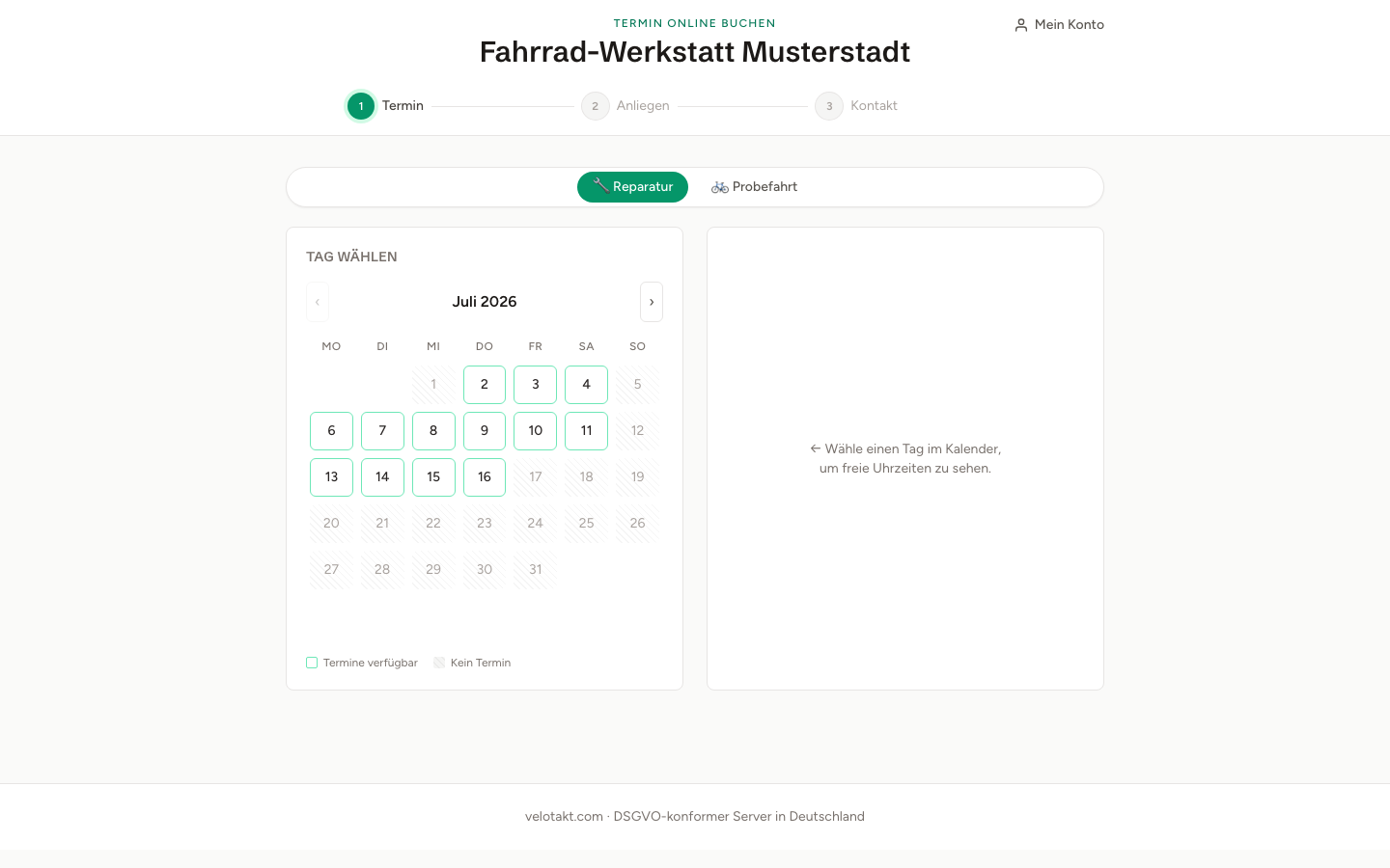 velotakt Buchungsflow: Kunde wählt Service, Tag und freien Slot